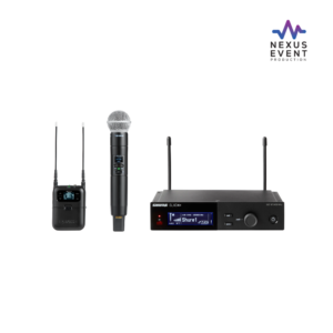 Shure SLXD wireless microphone rental with handheld transmitter, bodypack, lavalier, and receiver by Nexus Event Production