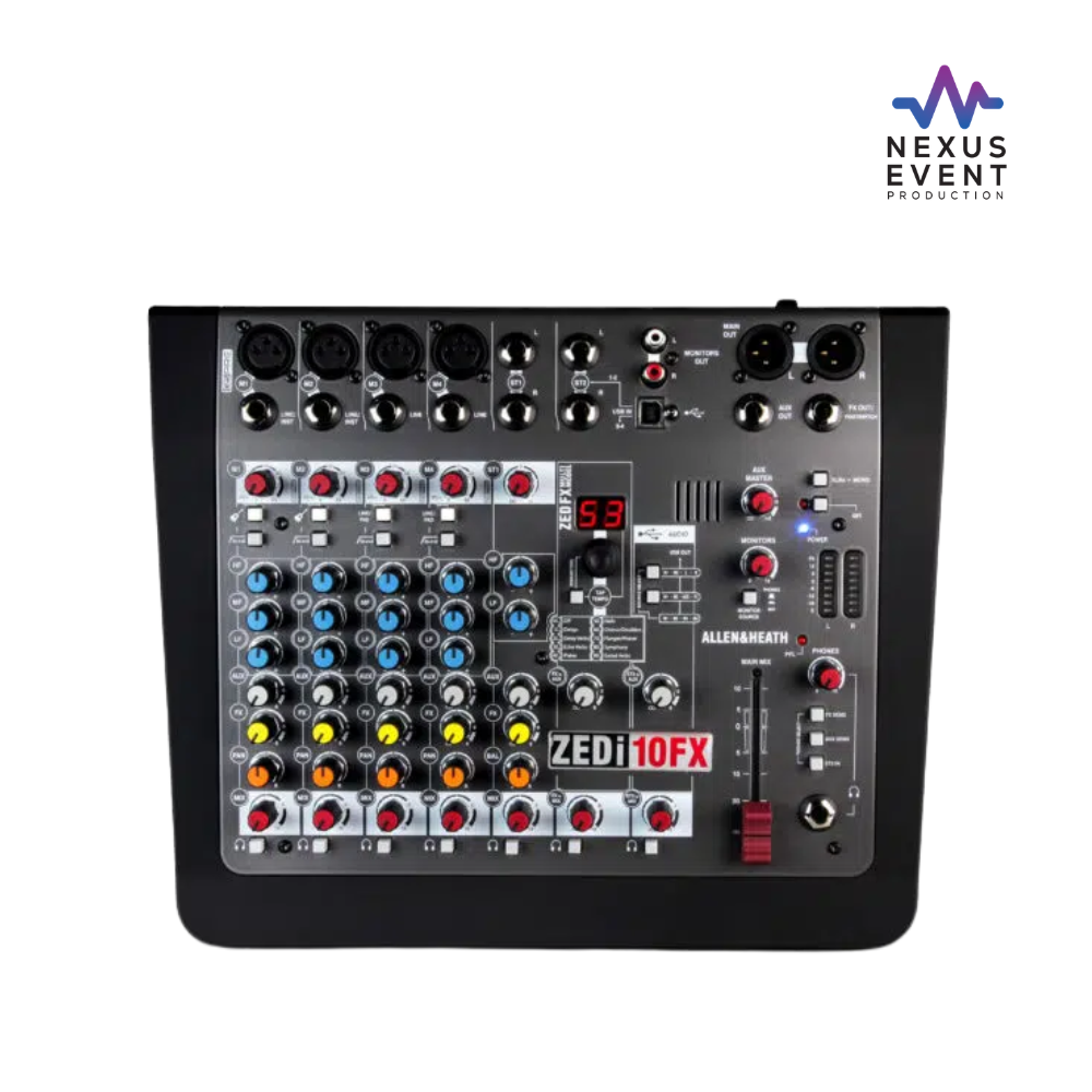 Rent the Allen and Heath ZEDi-10FX mixer for your next event. 10-channel hybrid mixer with built-in effects and USB interface. Available from Nexus Event Production.