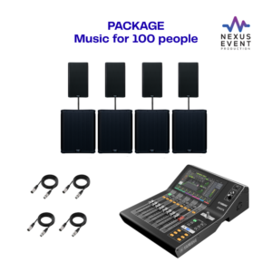 Music package rental for 100 people with 4 powered speakers, 4 QSC subwoofers, Yamaha digital mixer, and XLR cables by Nexus Event Production