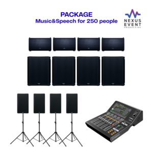 Our music and speech package rental for 250 people includes 4 QSC line array tops, 4 QSC subwoofers, 4 powered speakers, and a Yamaha digital mixer. Book now.