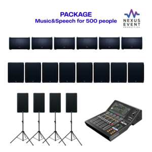 Our music and speech package rental for 500 people includes 6 QSC line array tops, 8 QSC subwoofers, 4 powered speakers, and a Yamaha digital mixer. Book now.