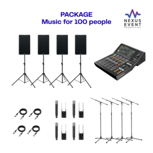 QSC speaker sound package with stands and Shure wireless microphones for event audio rental in Los Angeles