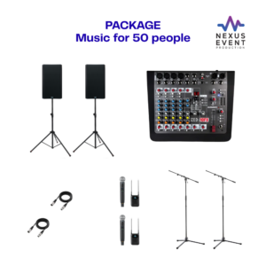 Our sound package rental for 50 people includes 2 powered speakers, Allen & Heath mixer, 2 wireless mics, boom stands, and cables. Perfect for speeches and events.
